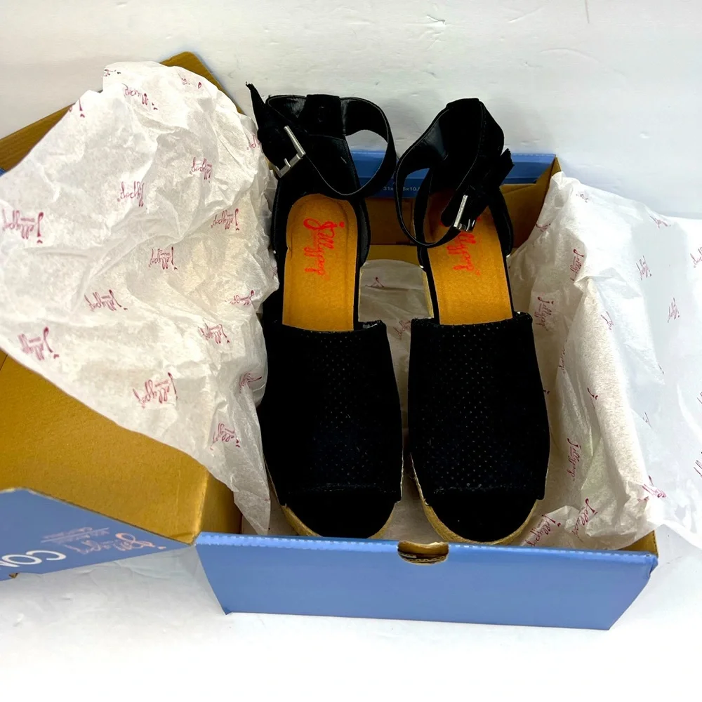 JELLYPOP, RAVISHING BLACK ESPADRILLE, PEEP TOE, WEDGES ADJUSTABLE ANKLE LOOP,10M - Picture 15 of 16